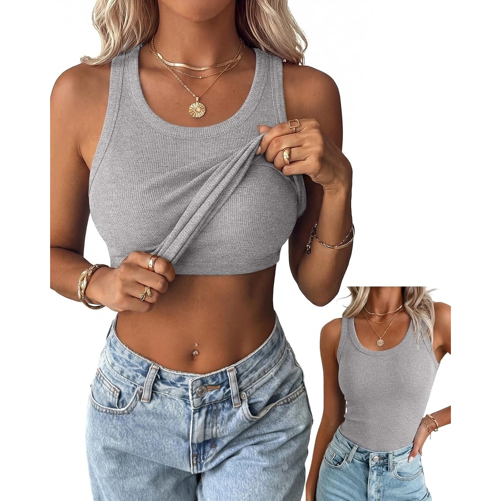 image:imageZeagoo Tank Tops with Built in Bra for Women Sleeveless Ribbed Summer TopsLight Grey