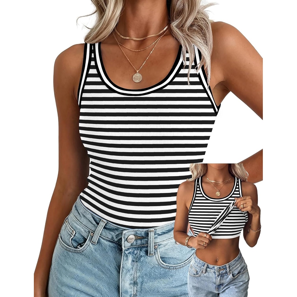 image:imageZeagoo Tank Tops with Built in Bra for Women Sleeveless Ribbed Summer TopsStripe Black White