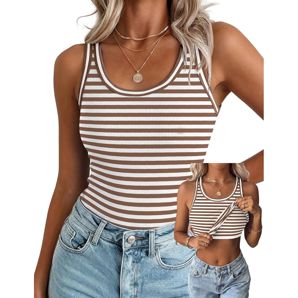 image:imageZeagoo Tank Tops with Built in Bra for Women Sleeveless Ribbed Summer TopsStripe Brown White