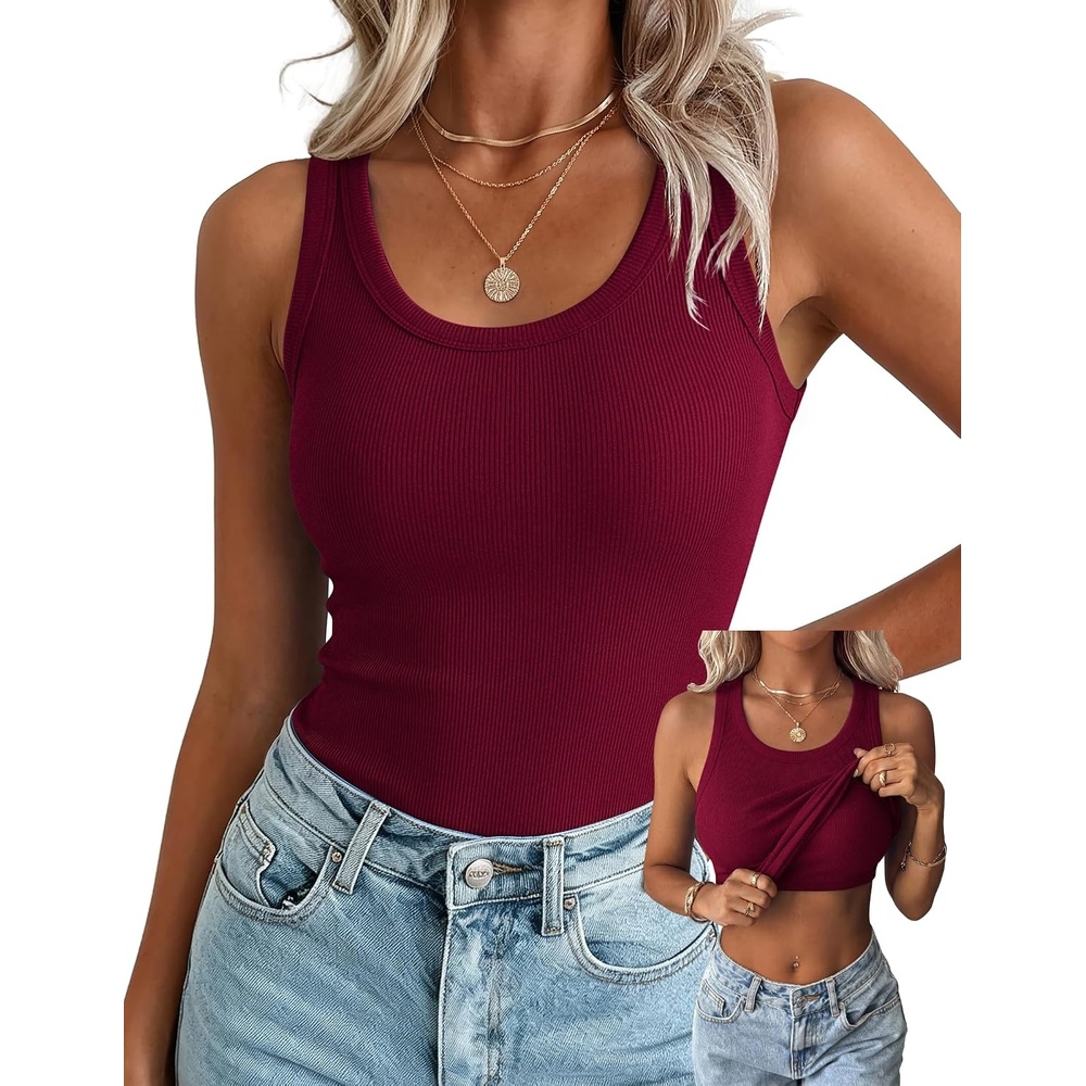 image:imageZeagoo Tank Tops with Built in Bra for Women Sleeveless Ribbed Summer TopsWine Red