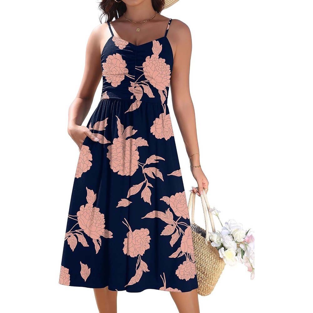 image:imageZeagoo Women 2026 Summer Adjustable Spaghetti Strap Sundress Casual Ruched Floral V Neck Midi Flowy Beach Dress with PocketsBlack Pink Floral