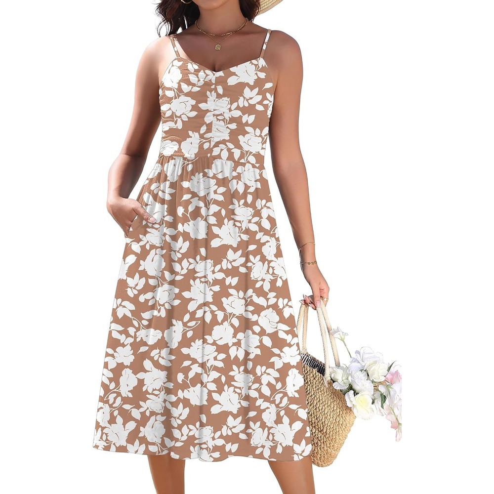 image:imageZeagoo Women 2026 Summer Adjustable Spaghetti Strap Sundress Casual Ruched Floral V Neck Midi Flowy Beach Dress with PocketsPink White Floral