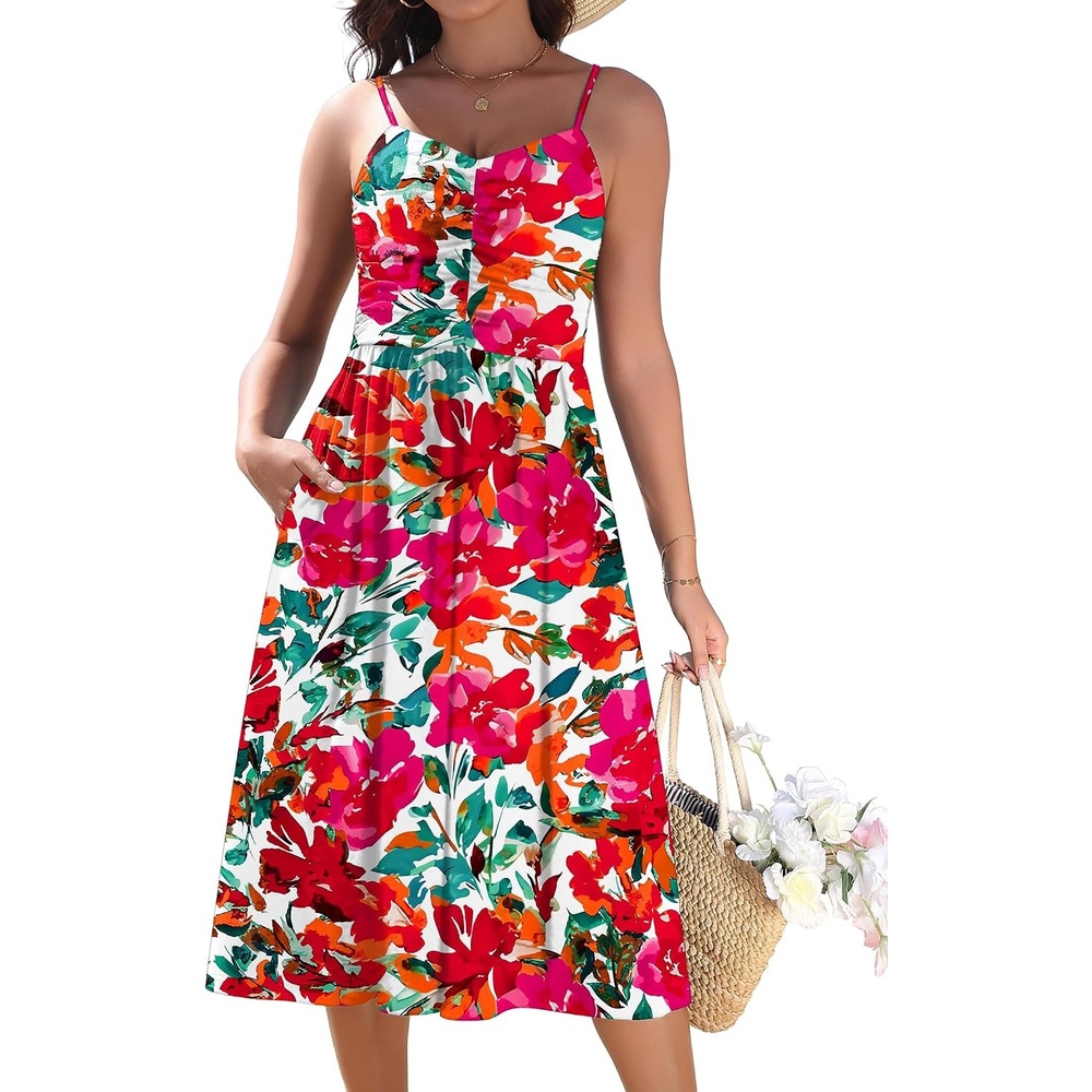 image:imageZeagoo Women 2026 Summer Adjustable Spaghetti Strap Sundress Casual Ruched Floral V Neck Midi Flowy Beach Dress with PocketsRed Floral