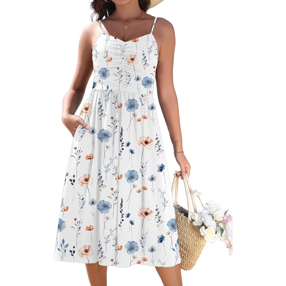 image:imageZeagoo Women 2026 Summer Adjustable Spaghetti Strap Sundress Casual Ruched Floral V Neck Midi Flowy Beach Dress with PocketsWhite Floral