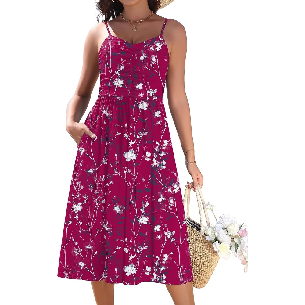 image:imageZeagoo Women 2026 Summer Adjustable Spaghetti Strap Sundress Casual Ruched Floral V Neck Midi Flowy Beach Dress with PocketsWine Red Floral