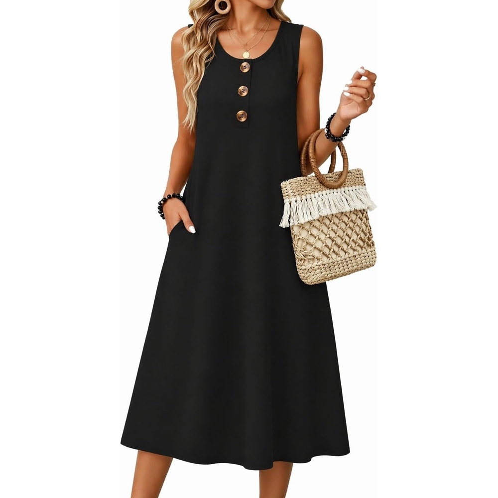 image:imageZeagoo Women Beach Summer Midi Dress 2026 Sleeveless Casual Beachy Sundress Button Down Loose Tank Dresses with PocketsBlack