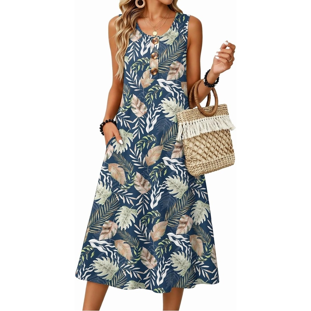 image:imageZeagoo Women Beach Summer Midi Dress 2026 Sleeveless Casual Beachy Sundress Button Down Loose Tank Dresses with PocketsBlue Leaves