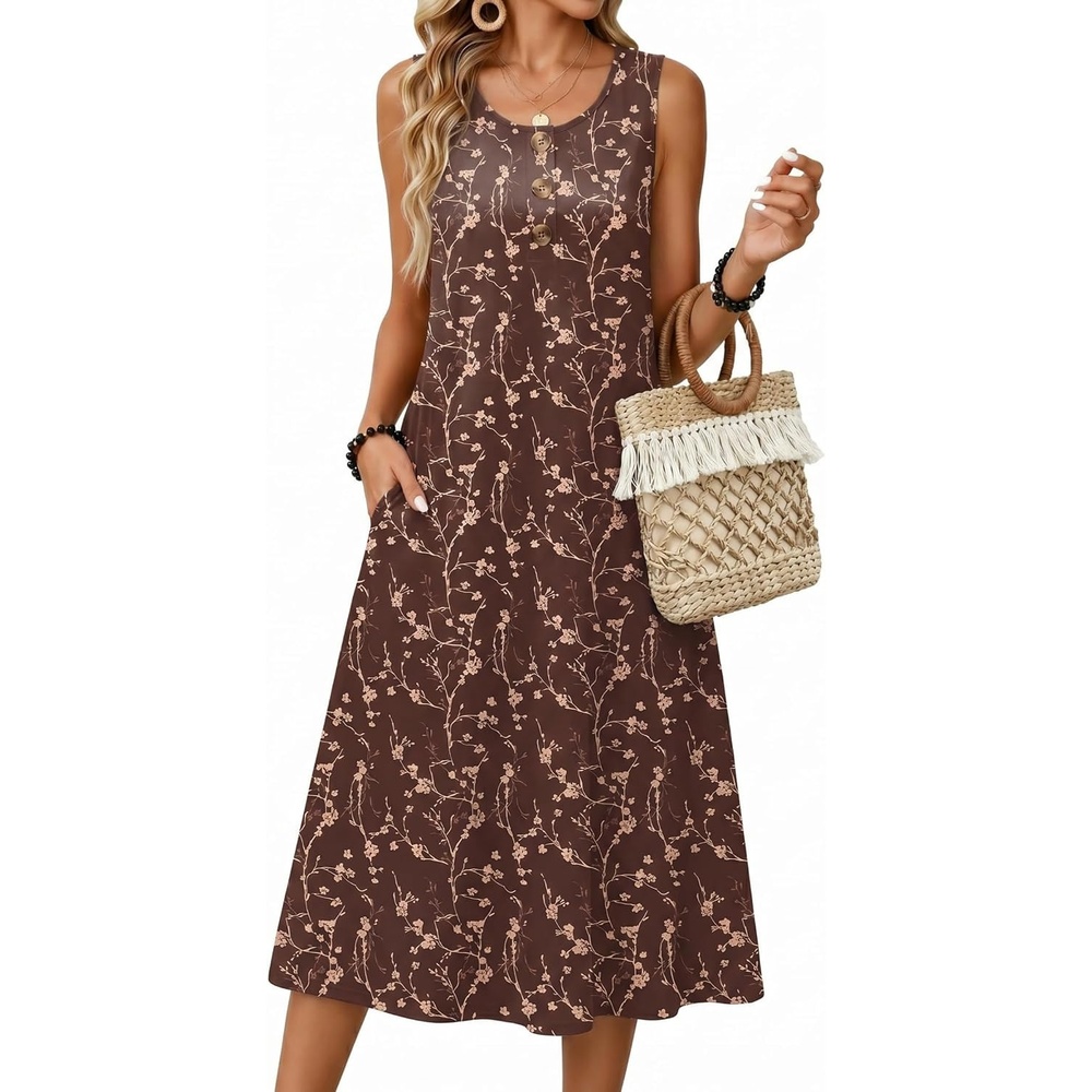 image:imageZeagoo Women Beach Summer Midi Dress 2026 Sleeveless Casual Beachy Sundress Button Down Loose Tank Dresses with PocketsCoffee