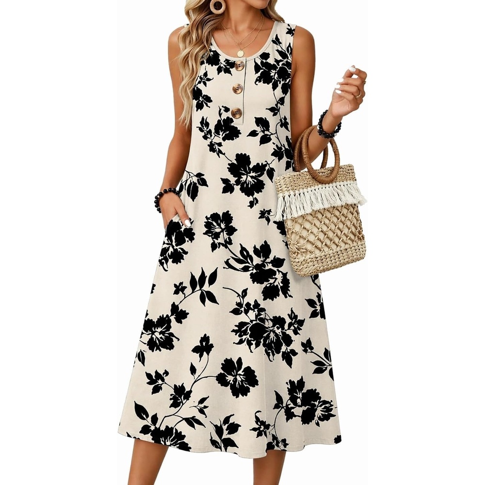 image:imageZeagoo Women Beach Summer Midi Dress 2026 Sleeveless Casual Beachy Sundress Button Down Loose Tank Dresses with PocketsFloral Black