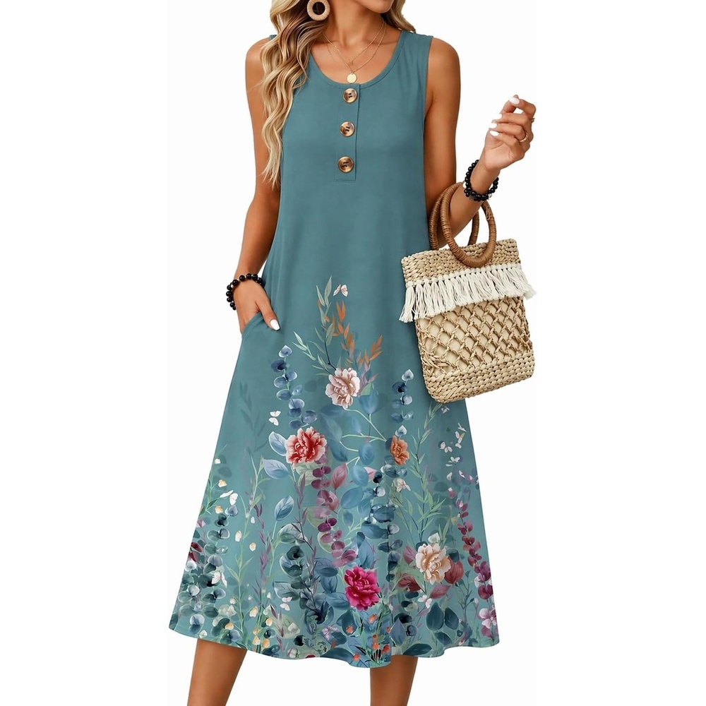 image:imageZeagoo Women Beach Summer Midi Dress 2026 Sleeveless Casual Beachy Sundress Button Down Loose Tank Dresses with PocketsFloral Gray Green