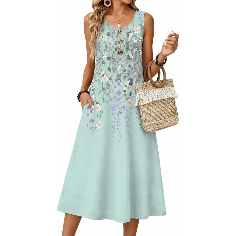 image:imageZeagoo Women Beach Summer Midi Dress 2026 Sleeveless Casual Beachy Sundress Button Down Loose Tank Dresses with PocketsFloral Green