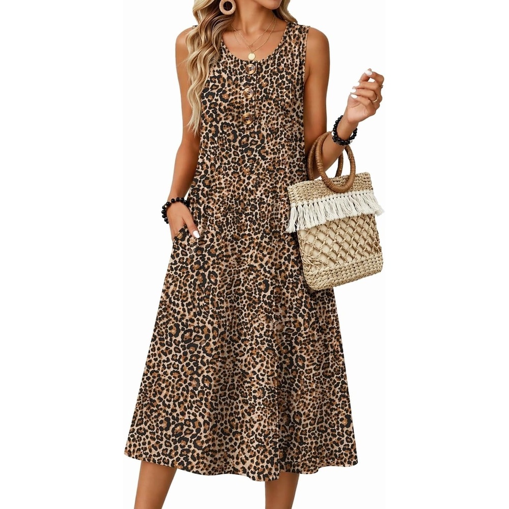 image:imageZeagoo Women Beach Summer Midi Dress 2026 Sleeveless Casual Beachy Sundress Button Down Loose Tank Dresses with PocketsLeopard Print
