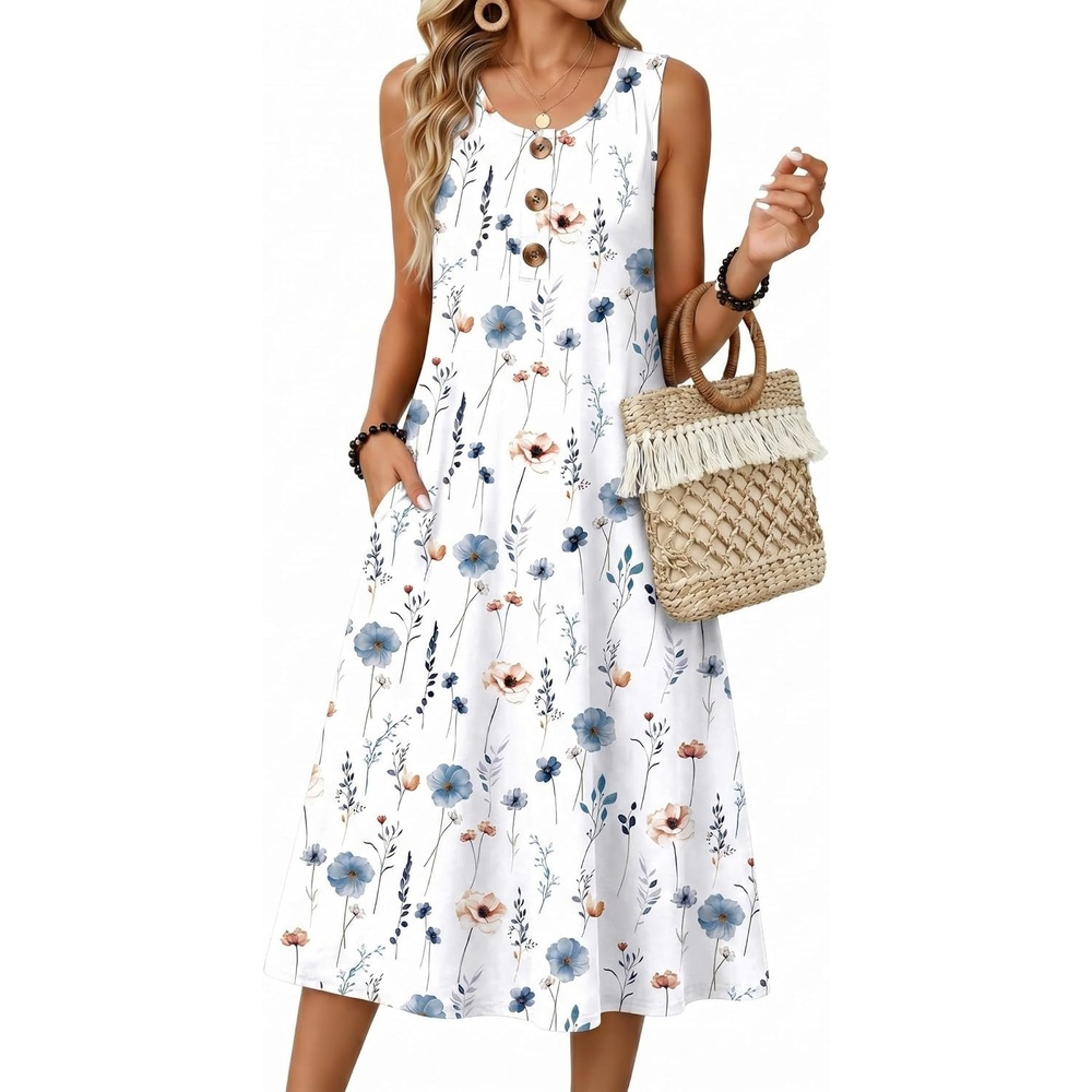 image:imageZeagoo Women Beach Summer Midi Dress 2026 Sleeveless Casual Beachy Sundress Button Down Loose Tank Dresses with PocketsWhite Blue