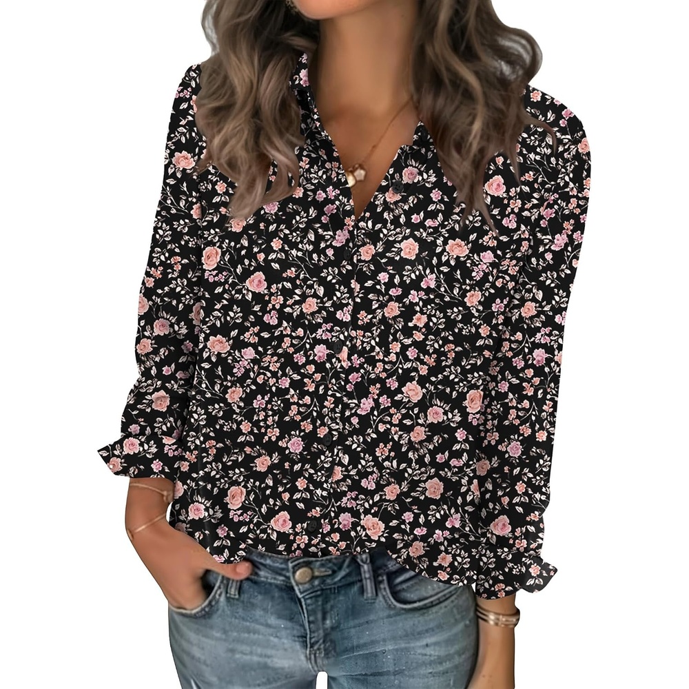 image:imageZeagoo Women Blouses Chiffon Long Sleeve Button Down Shirts Business TopsBlack Floral