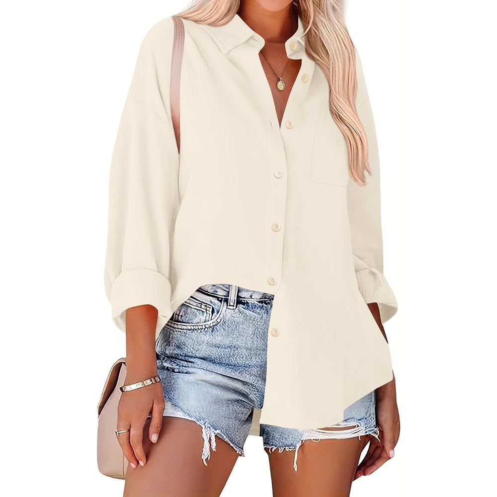 image:imageZeagoo Women Button Down Shirts Oversized Long Sleeve Blouses with PocketBbeige