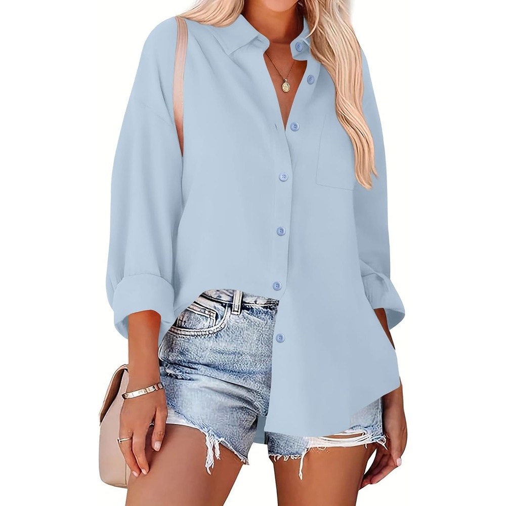 image:imageZeagoo Women Button Down Shirts Oversized Long Sleeve Blouses with PocketBblue