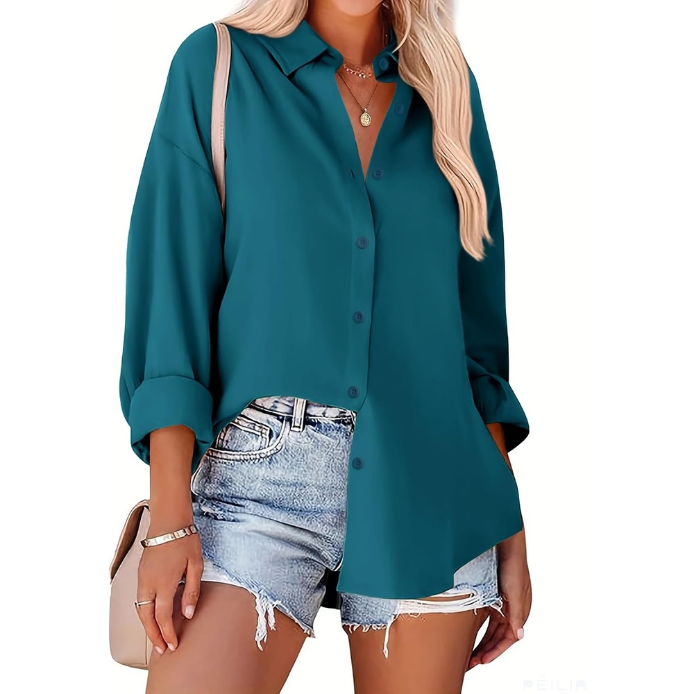 image:imageZeagoo Women Button Down Shirts Oversized Long Sleeve Blouses with PocketBpeacock Blue