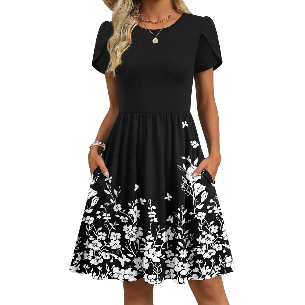 image:imageZeagoo Women Summer Dress 2026 Short Sleeve Aline Mini Dresses with Pockets Casual Swing Tshirt Dress Vocation Beach SundressBlack Floral