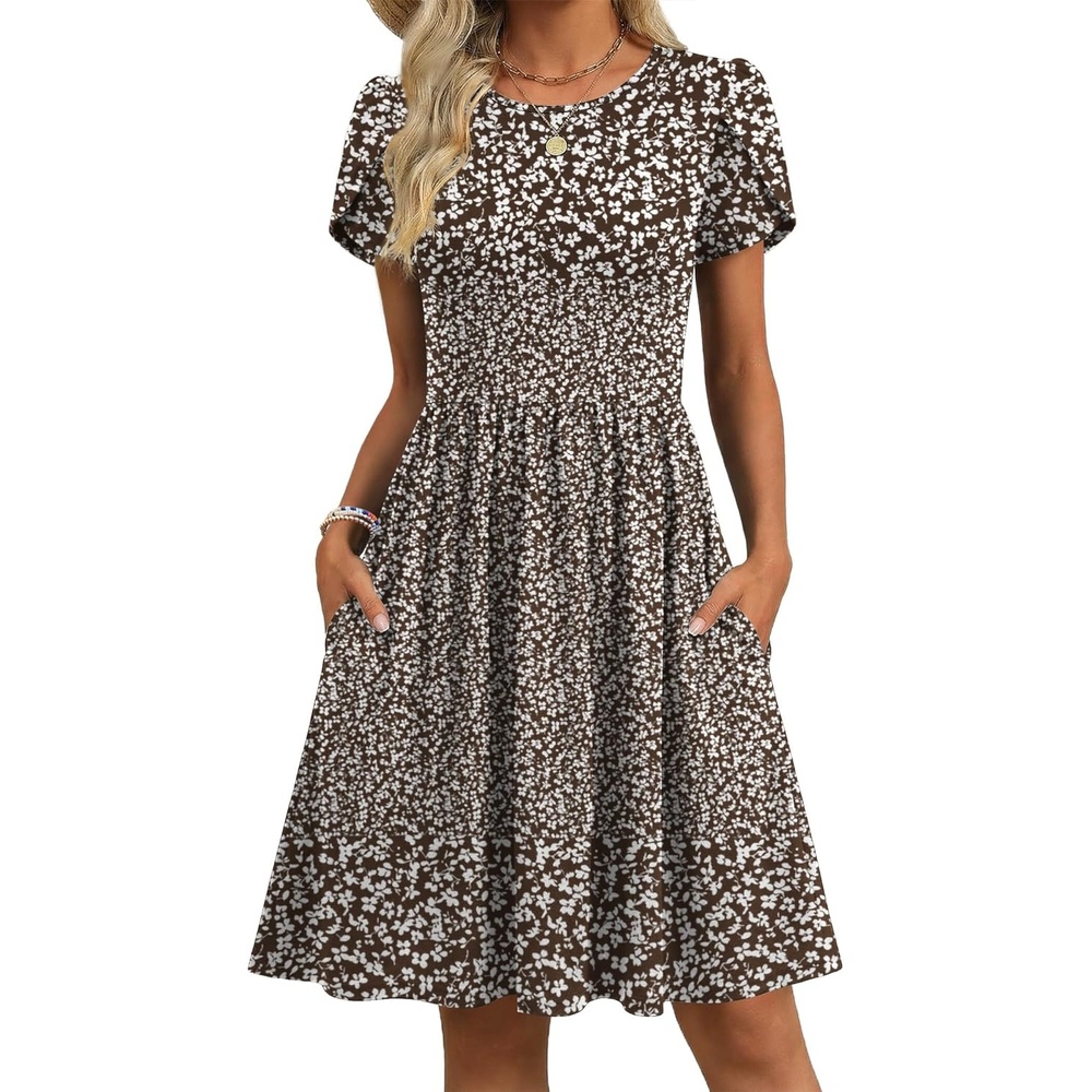 image:imageZeagoo Women Summer Dress 2026 Short Sleeve Aline Mini Dresses with Pockets Casual Swing Tshirt Dress Vocation Beach SundressBrown Print