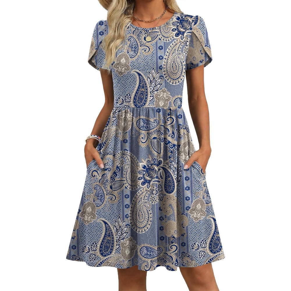 image:imageZeagoo Women Summer Dress 2026 Short Sleeve Aline Mini Dresses with Pockets Casual Swing Tshirt Dress Vocation Beach SundressEthnic Printmz919