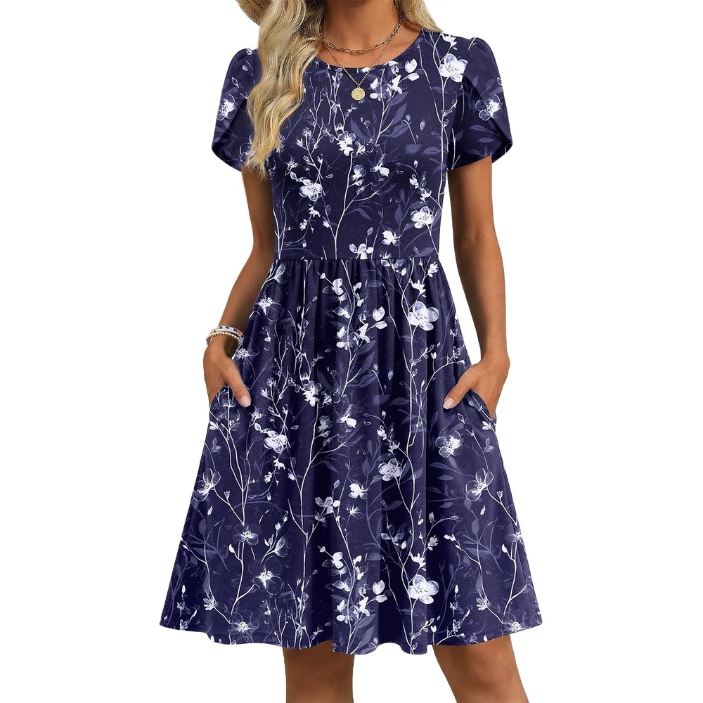 image:imageZeagoo Women Summer Dress 2026 Short Sleeve Aline Mini Dresses with Pockets Casual Swing Tshirt Dress Vocation Beach SundressNavy White Floral