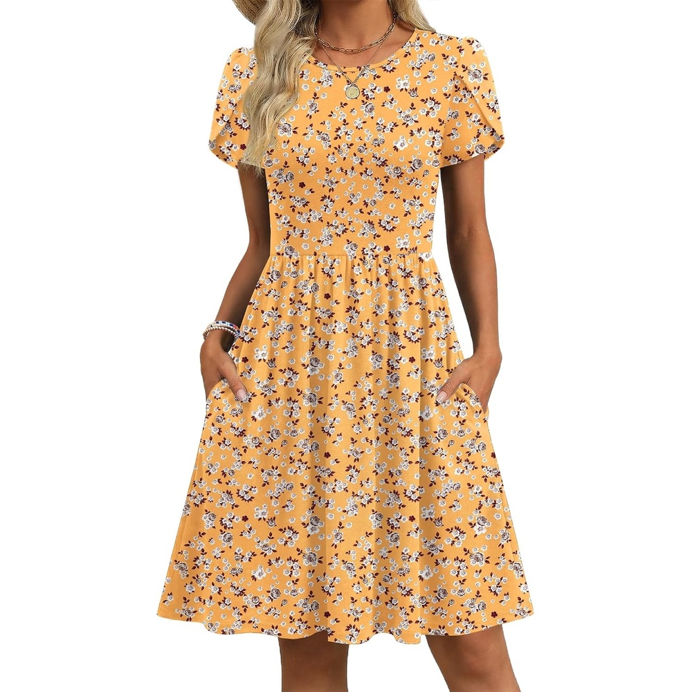 image:imageZeagoo Women Summer Dress 2026 Short Sleeve Aline Mini Dresses with Pockets Casual Swing Tshirt Dress Vocation Beach SundressYellow Floral