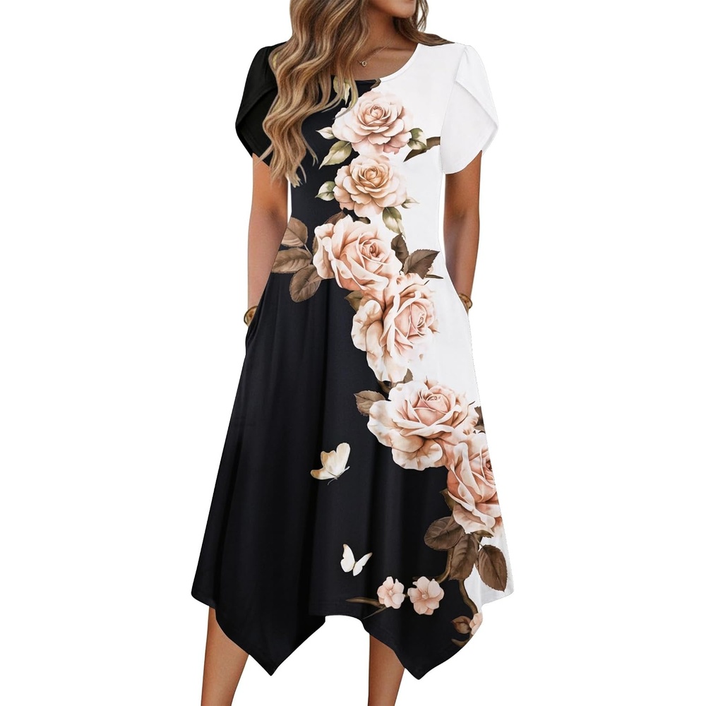 image:imageZeagoo Womens Casual Dress for Summer Loose Hankerchief Flare Midi SundressBlack White Flower