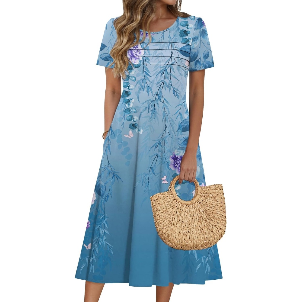 image:imageZeagoo Womens Casual Dresses for Summer Short Sleeve Flare Midi Dress Beach01 Blue Floral