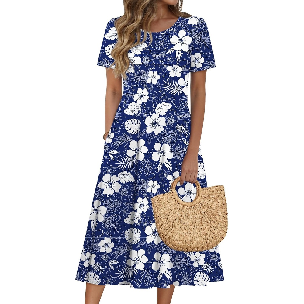 image:imageZeagoo Womens Casual Dresses for Summer Short Sleeve Flare Midi Dress Beach02 Navy Floral