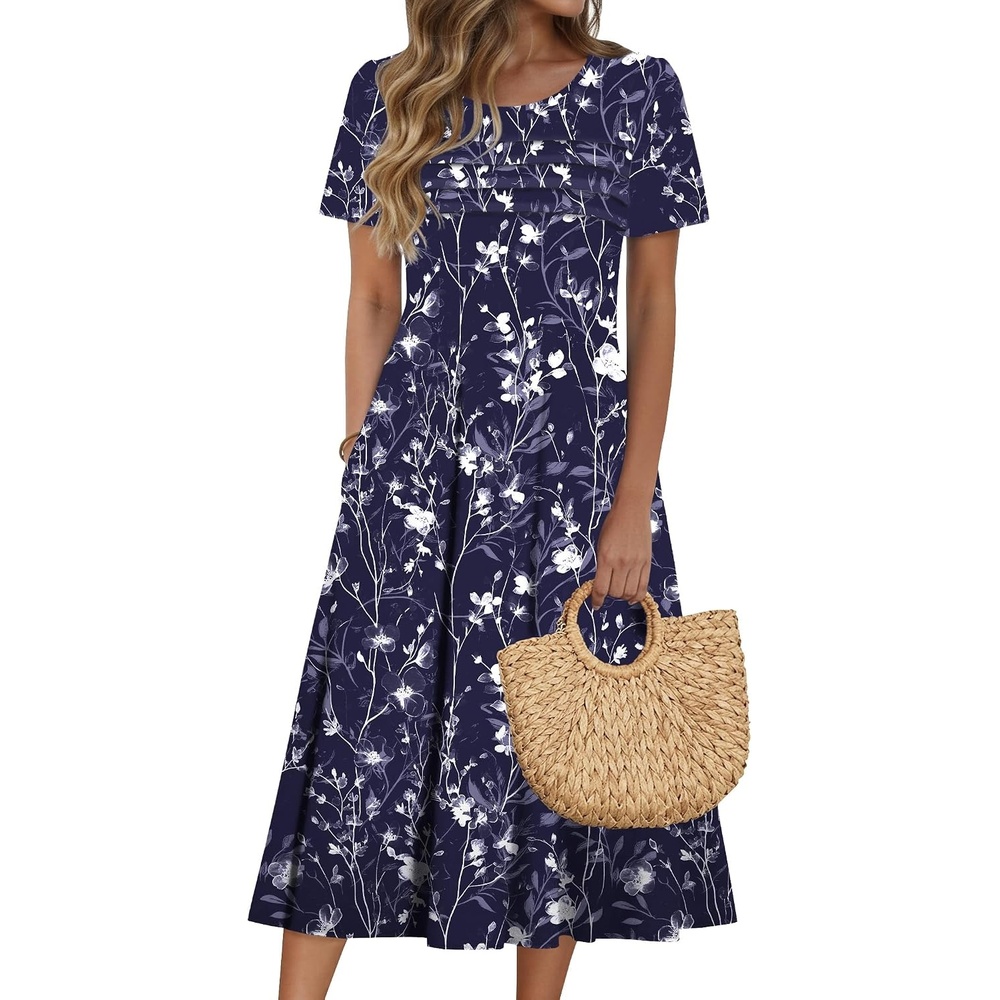 image:imageZeagoo Womens Casual Dresses for Summer Short Sleeve Flare Midi Dress Beach03 Navy Floral