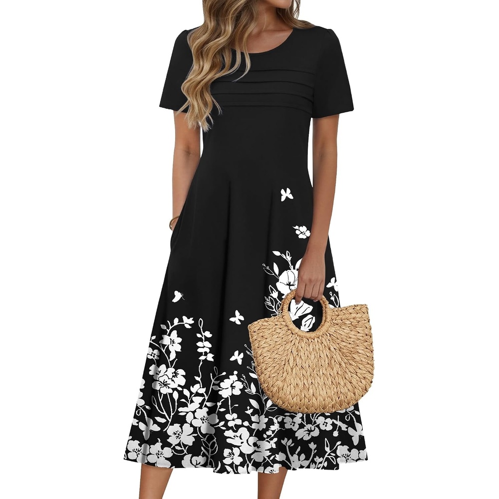image:imageZeagoo Womens Casual Dresses for Summer Short Sleeve Flare Midi Dress BeachBlack Floral