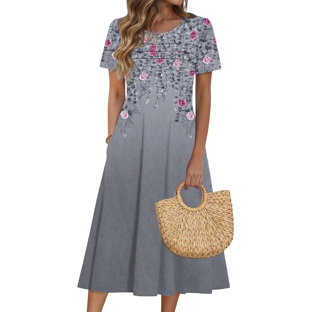 image:imageZeagoo Womens Casual Dresses for Summer Short Sleeve Flare Midi Dress BeachGrey Floral