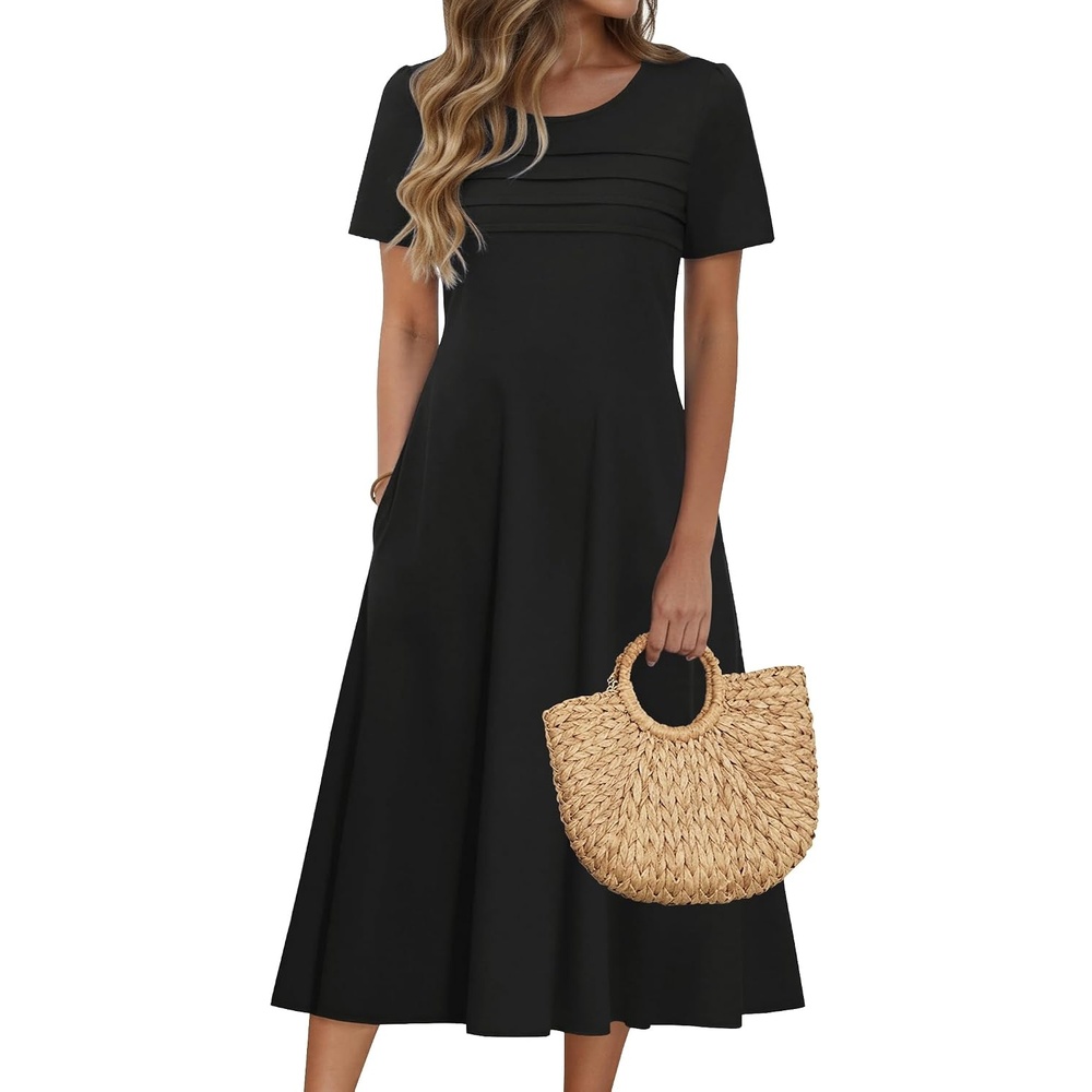 image:imageZeagoo Womens Casual Dresses for Summer Short Sleeve Flare Midi Dress BeachSolid Black