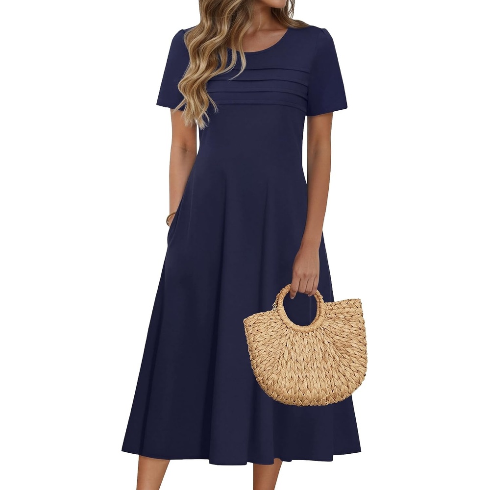 image:imageZeagoo Womens Casual Dresses for Summer Short Sleeve Flare Midi Dress BeachSolid Navy