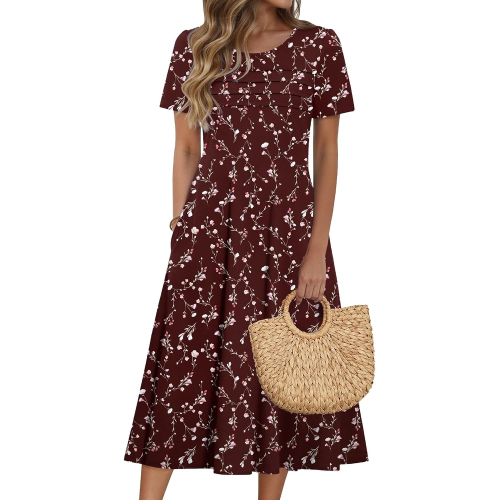 image:imageZeagoo Womens Casual Dresses for Summer Short Sleeve Flare Midi Dress BeachWine Red Floral