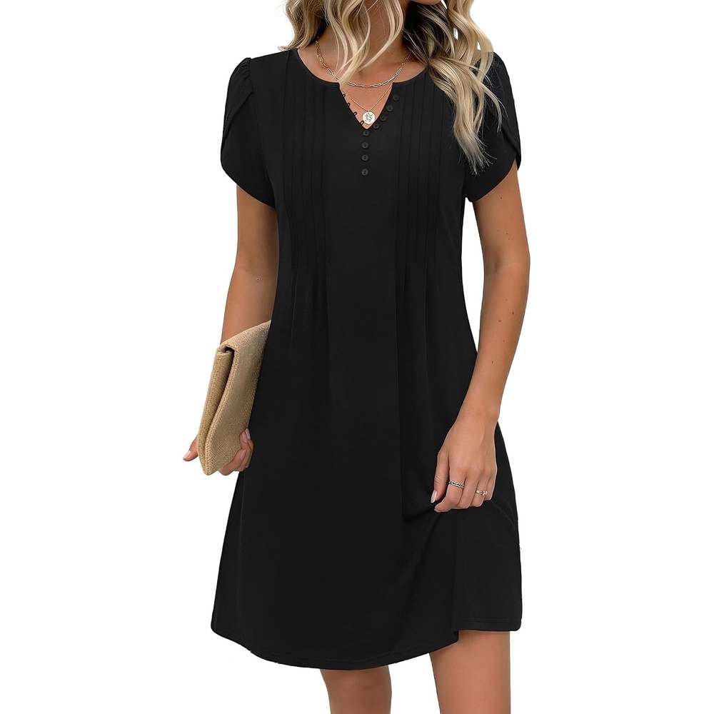 image:imageZeagoo Womens Casual Dresses with Pockets Summer Floral VNeck ALine Tshirt Dress Short Sleeve Mini Dress Beach SundressBlack