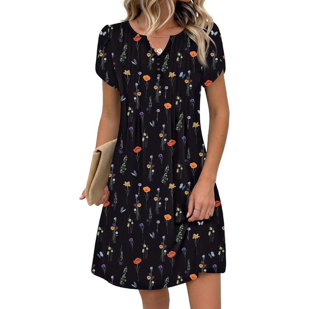 image:imageZeagoo Womens Casual Dresses with Pockets Summer Floral VNeck ALine Tshirt Dress Short Sleeve Mini Dress Beach SundressBlack Printed
