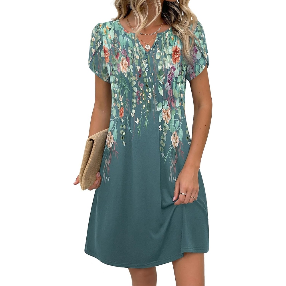 image:imageZeagoo Womens Casual Dresses with Pockets Summer Floral VNeck ALine Tshirt Dress Short Sleeve Mini Dress Beach SundressGraygreen Floral