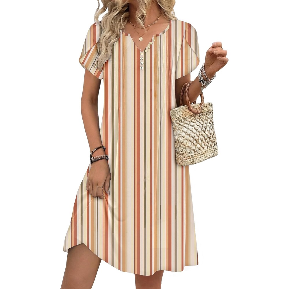 image:imageZeagoo Womens Casual Dresses with Pockets Summer Floral VNeck ALine Tshirt Dress Short Sleeve Mini Dress Beach SundressKhaki Stripe