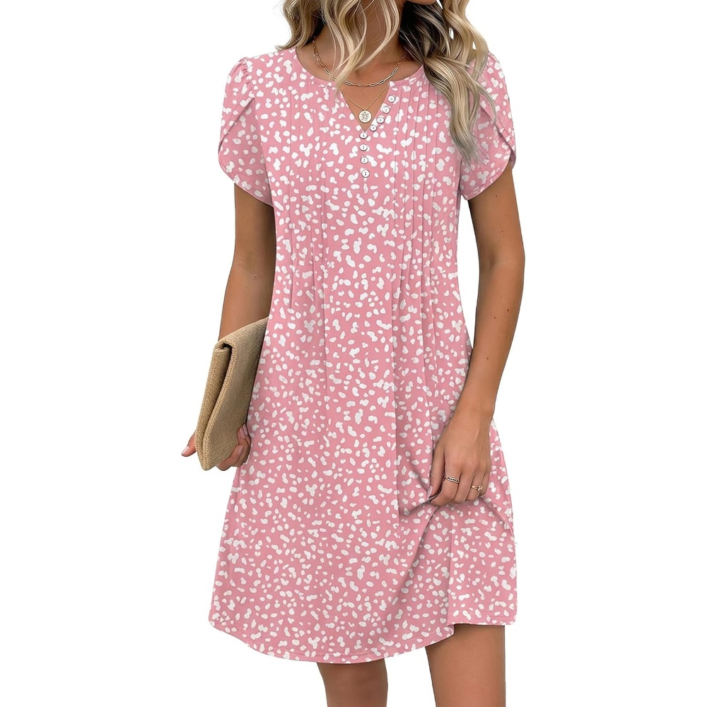 image:imageZeagoo Womens Casual Dresses with Pockets Summer Floral VNeck ALine Tshirt Dress Short Sleeve Mini Dress Beach SundressPinkwhite