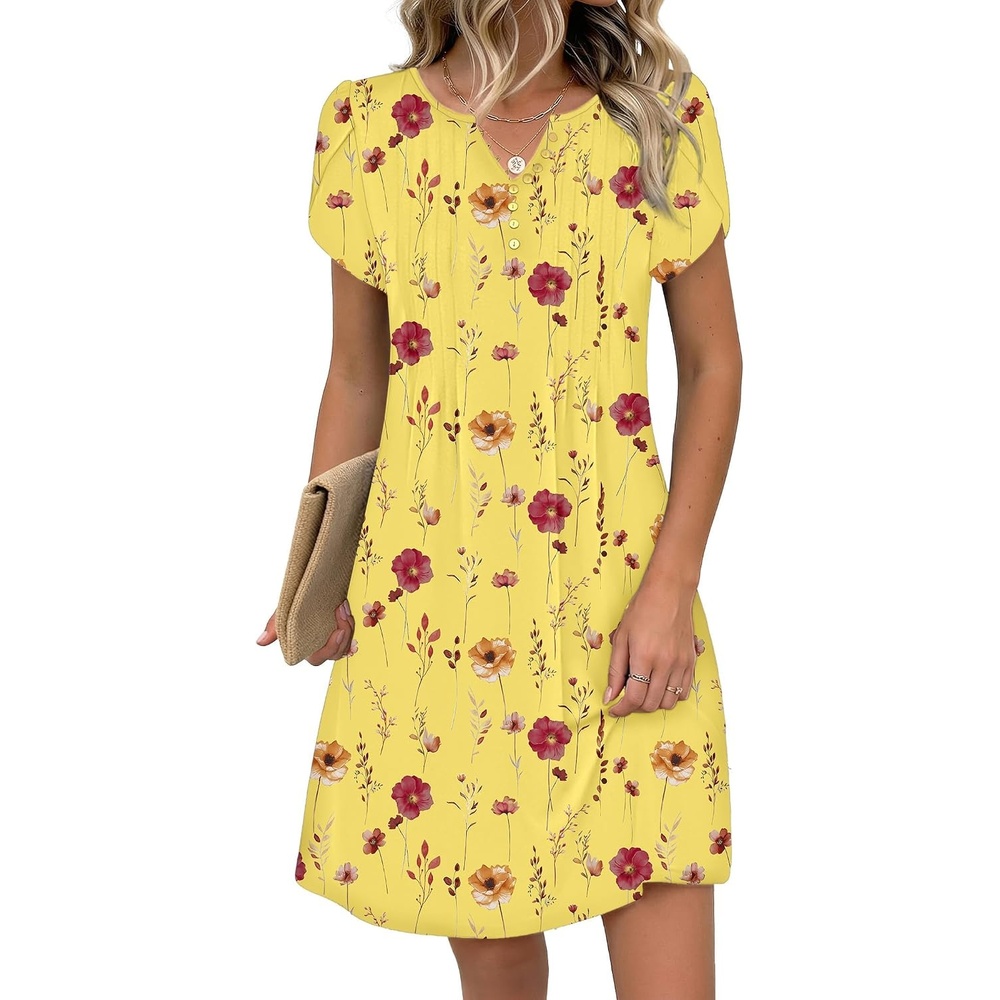 image:imageZeagoo Womens Casual Dresses with Pockets Summer Floral VNeck ALine Tshirt Dress Short Sleeve Mini Dress Beach SundressYellow Floral