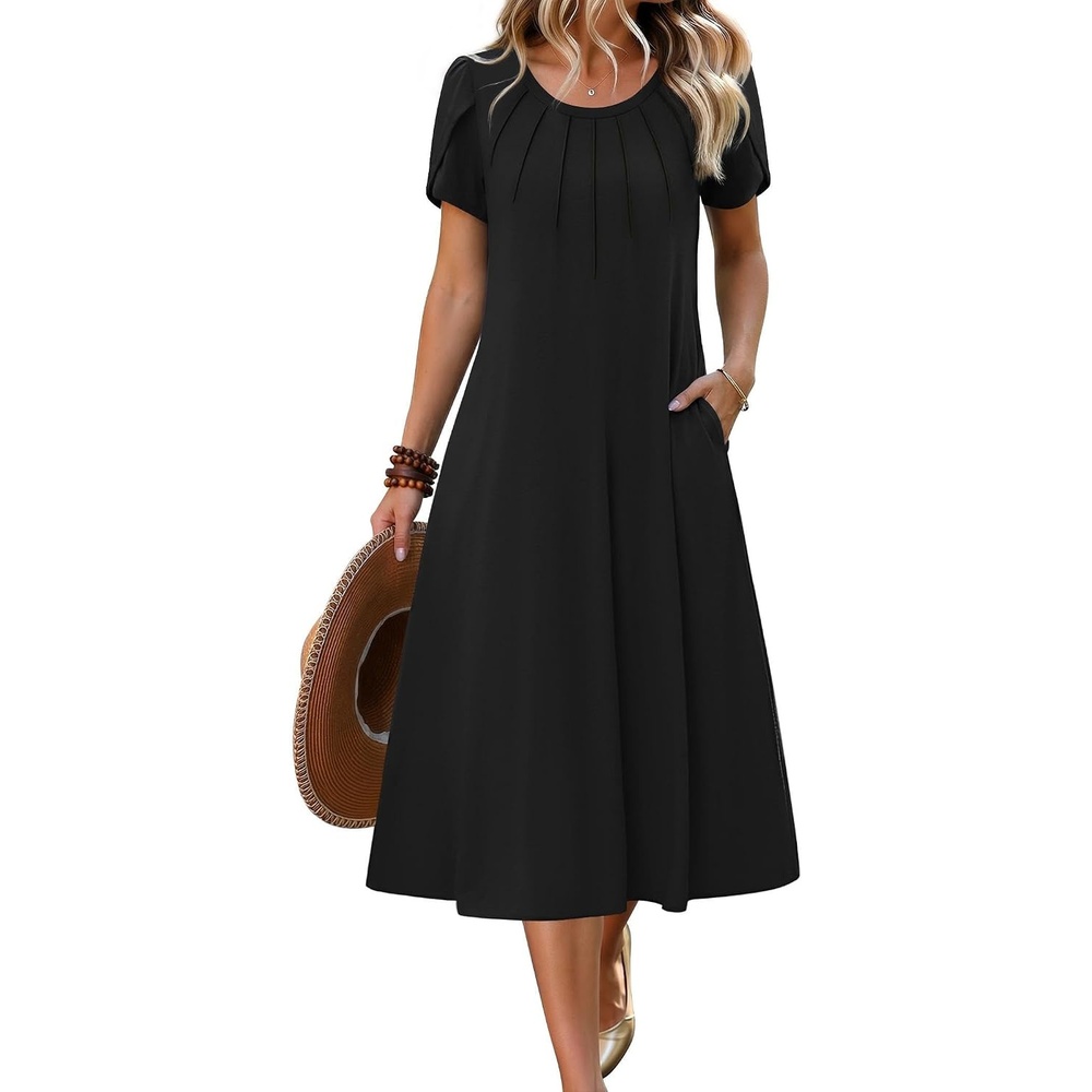 image:imageZeagoo Womens Casual Summer Dress 2026 Petal Short Sleeve Dresses with Pleats Midi A Line Flowy Dress Boho SundressAblack