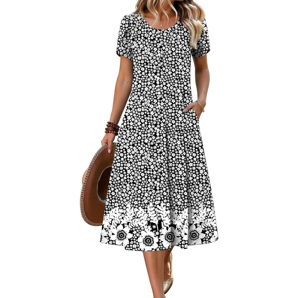 image:imageZeagoo Womens Casual Summer Dress 2026 Petal Short Sleeve Dresses with Pleats Midi A Line Flowy Dress Boho SundressBlack Floral 03