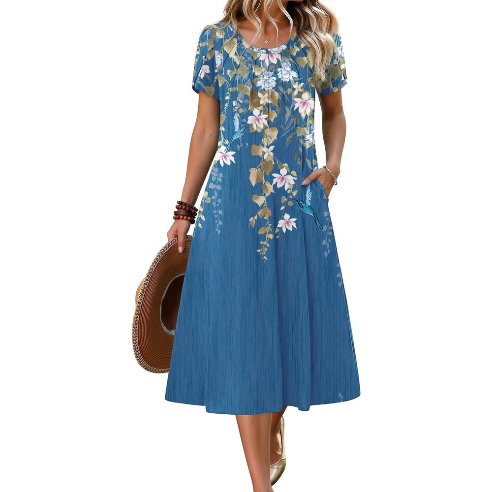 image:imageZeagoo Womens Casual Summer Dress 2026 Petal Short Sleeve Dresses with Pleats Midi A Line Flowy Dress Boho SundressBlue Printed 02
