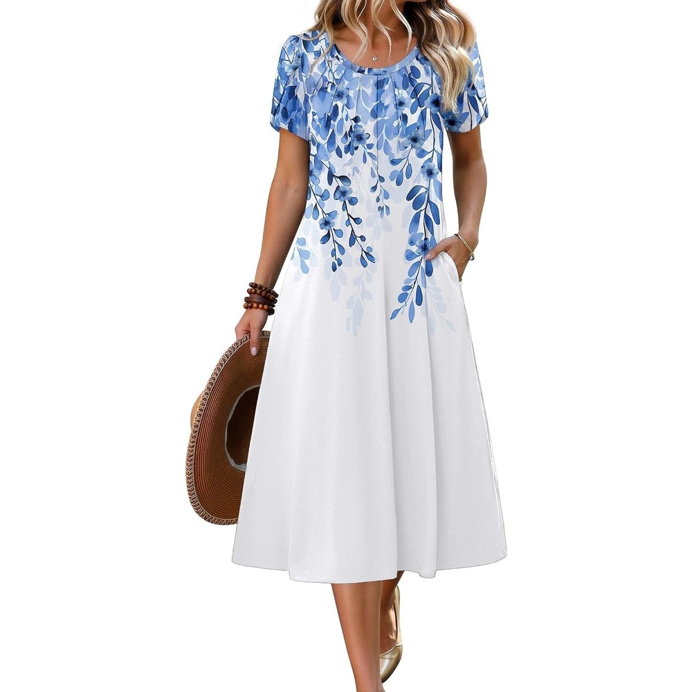 image:imageZeagoo Womens Casual Summer Dress 2026 Petal Short Sleeve Dresses with Pleats Midi A Line Flowy Dress Boho SundressBluewhite Floral