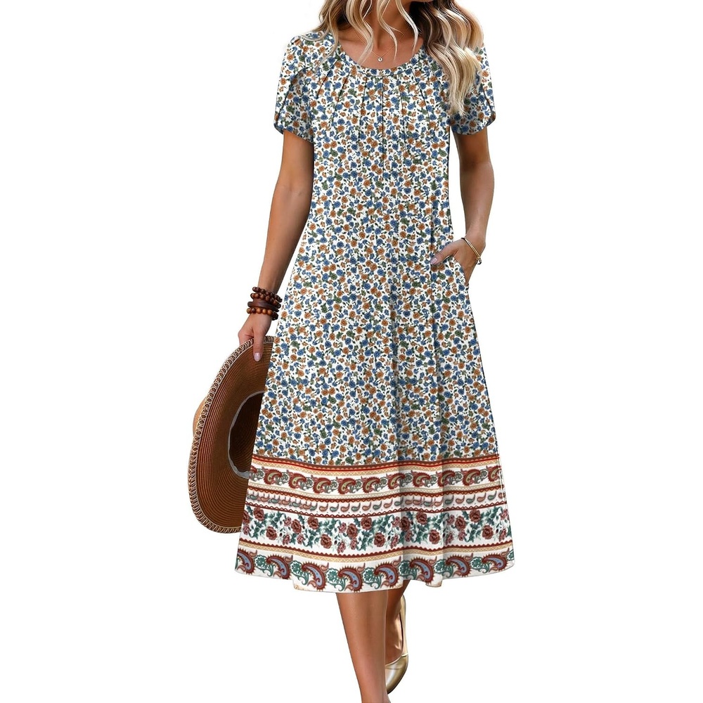 image:imageZeagoo Womens Casual Summer Dress 2026 Petal Short Sleeve Dresses with Pleats Midi A Line Flowy Dress Boho SundressBoho Floral