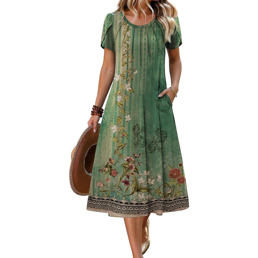 image:imageZeagoo Womens Casual Summer Dress 2026 Petal Short Sleeve Dresses with Pleats Midi A Line Flowy Dress Boho SundressBoho Green Floral
