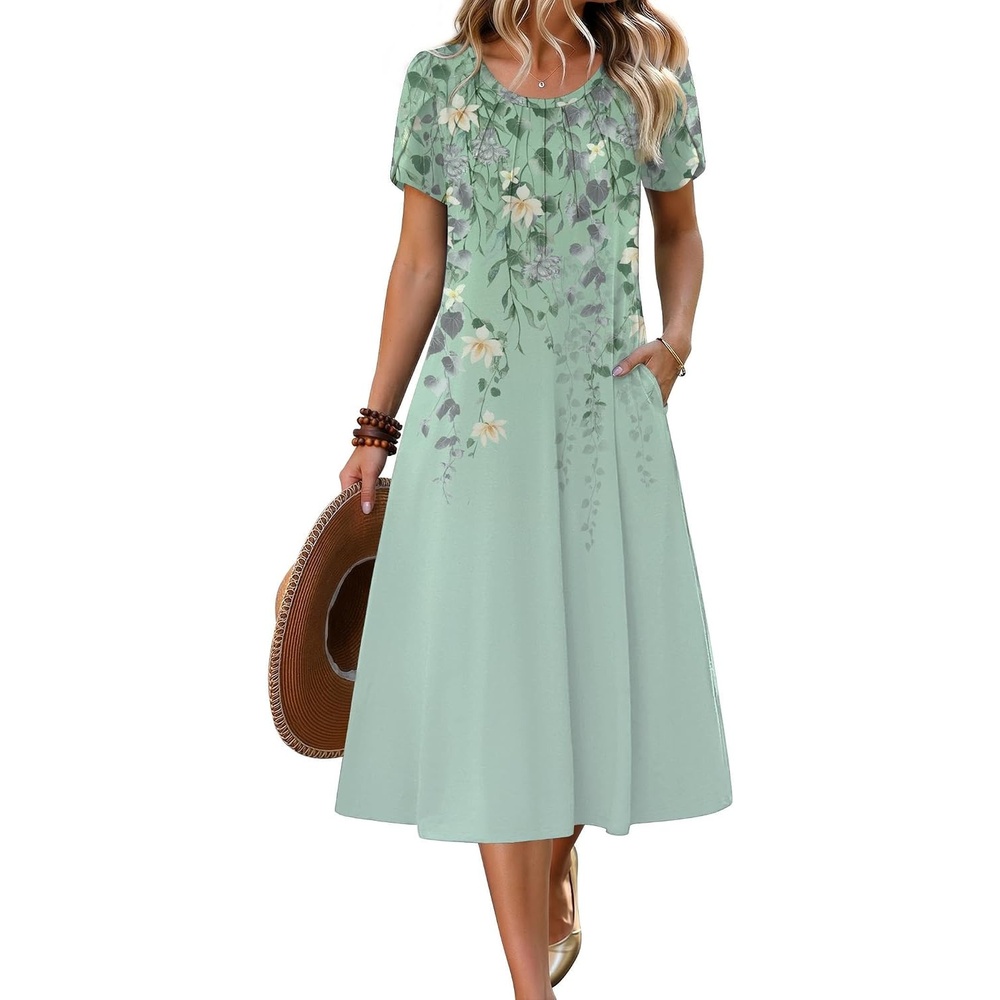 image:imageZeagoo Womens Casual Summer Dress 2026 Petal Short Sleeve Dresses with Pleats Midi A Line Flowy Dress Boho SundressMint Floral