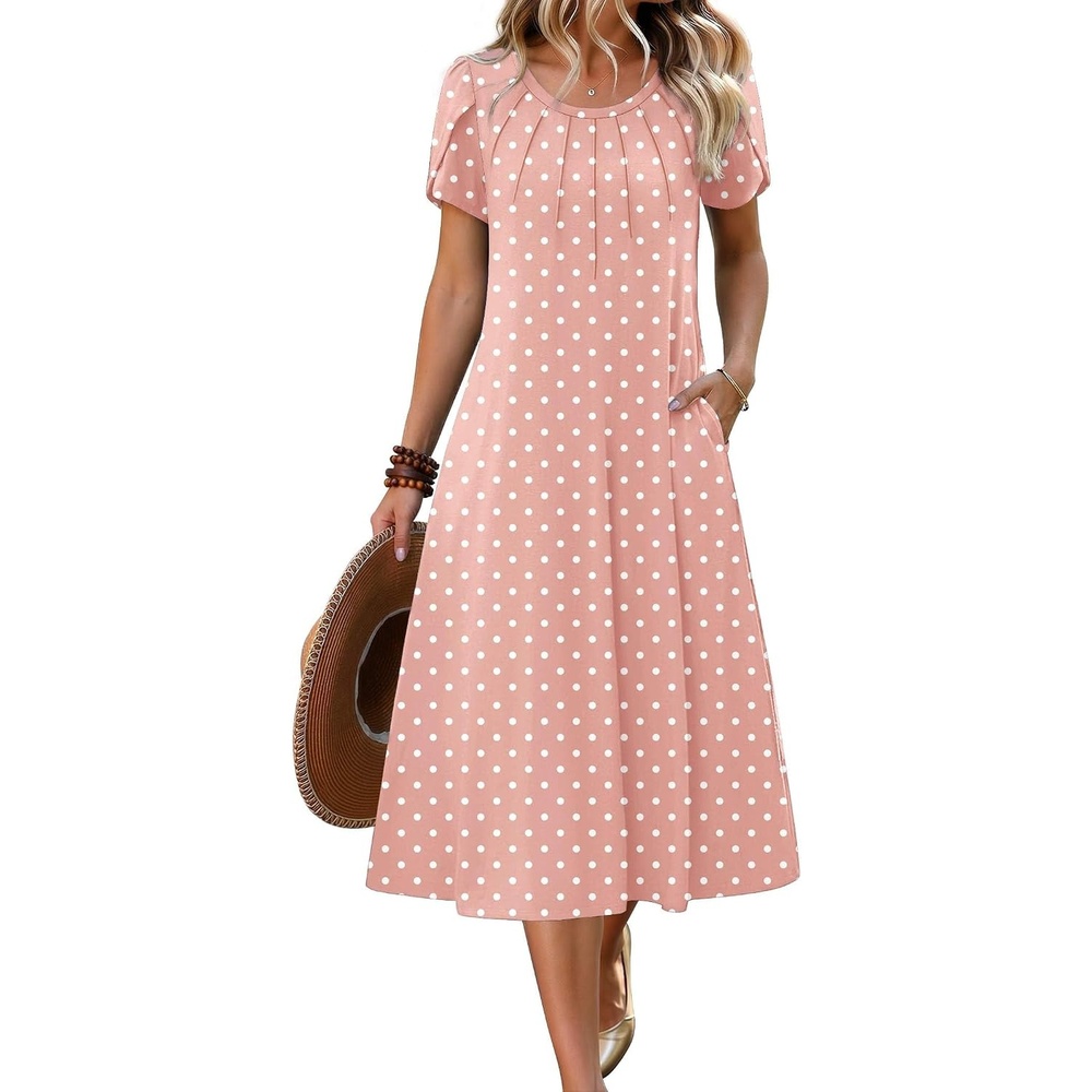 image:imageZeagoo Womens Casual Summer Dress 2026 Petal Short Sleeve Dresses with Pleats Midi A Line Flowy Dress Boho SundressPink Dot