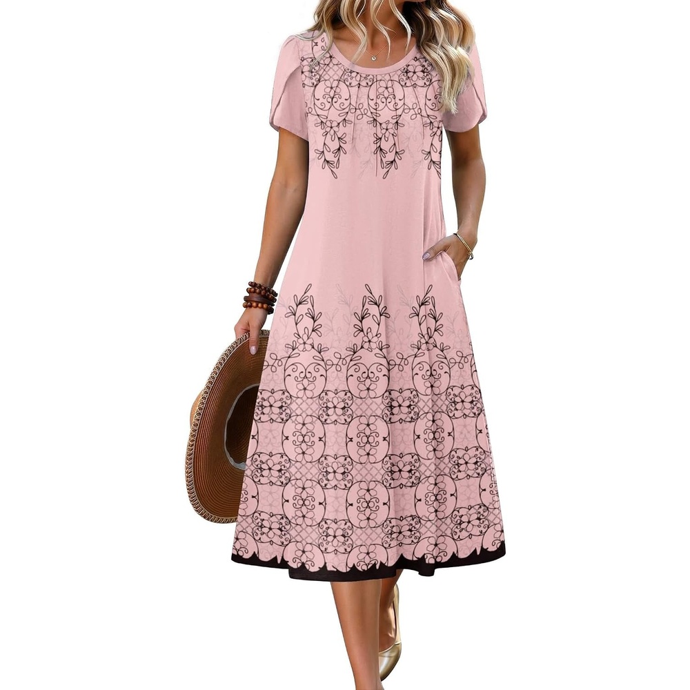 image:imageZeagoo Womens Casual Summer Dress 2026 Petal Short Sleeve Dresses with Pleats Midi A Line Flowy Dress Boho SundressPink Floral